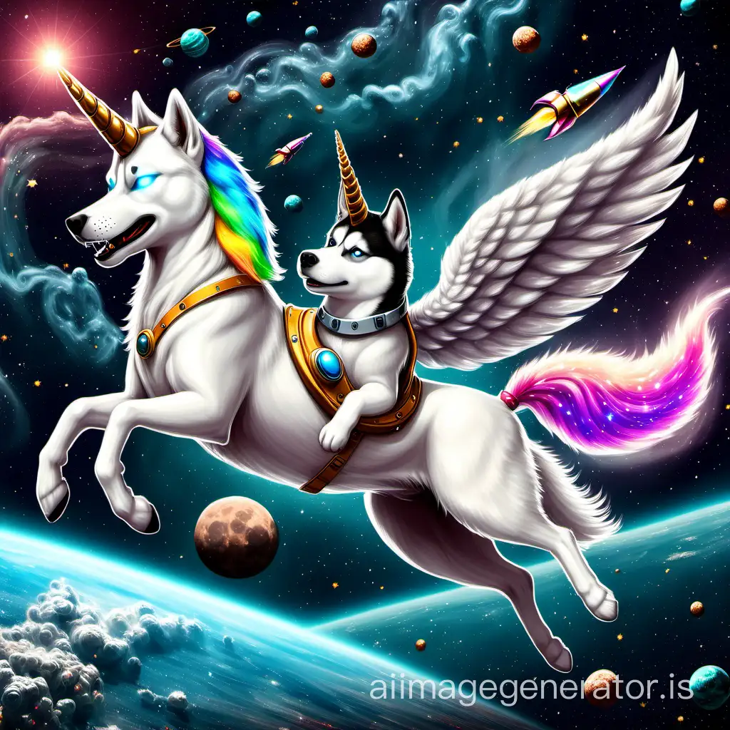 husky and unicorn flying outer space
