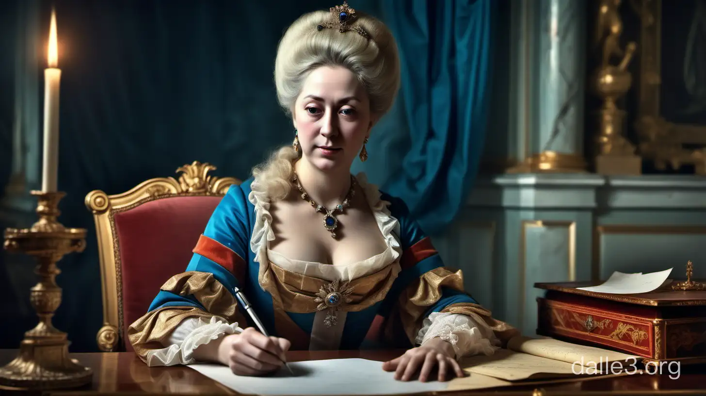 Императрица России Екатерина 2 сидя за столом пишет письма на французском языке, 18 век, атмосфера России  18 века, картинка как в учебнике истории, сочная картинка, 16K HDR, хорошо прорисованный