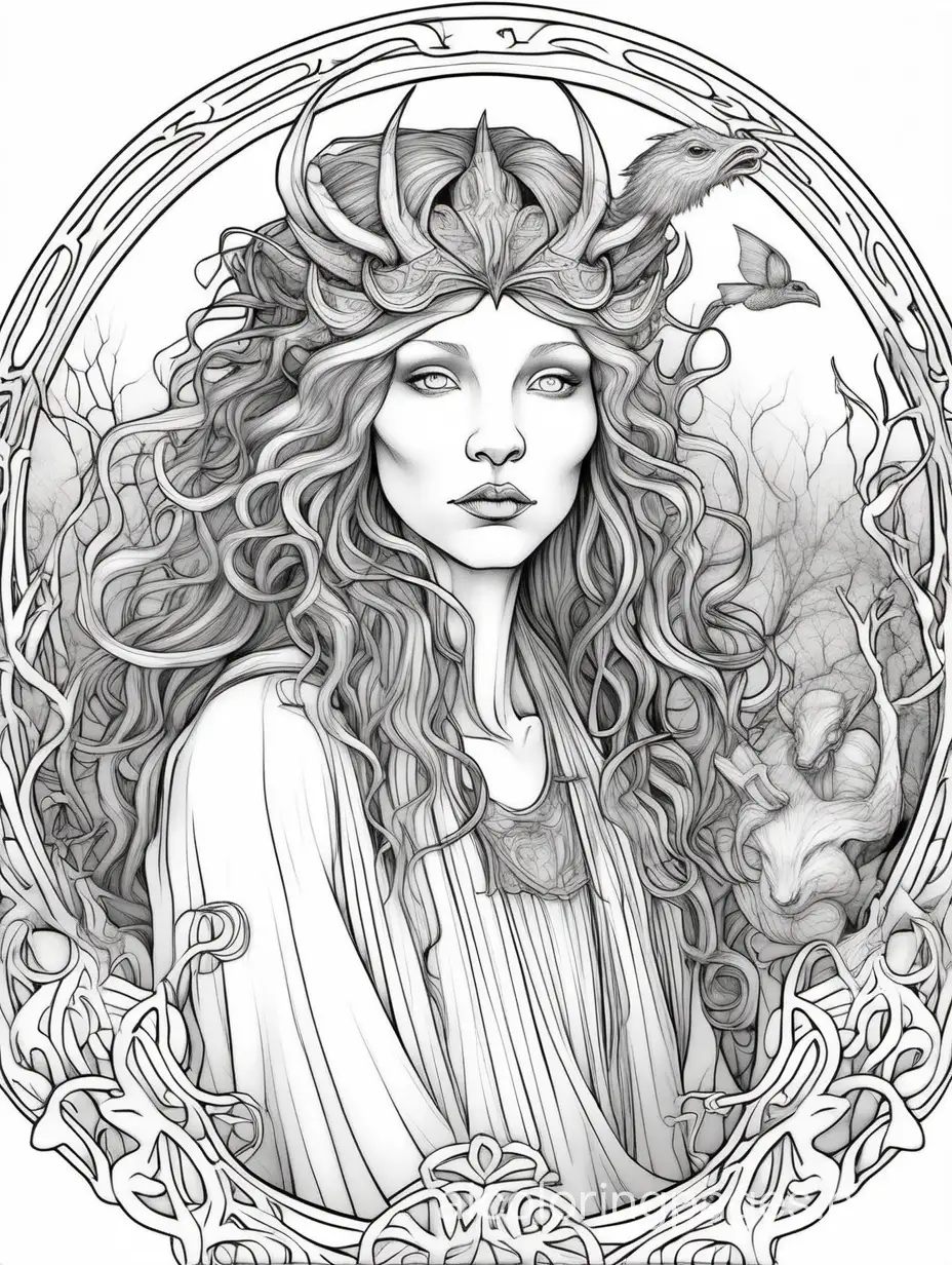 Graphic illustration Arctodus, fantasy, ethereal, beautiful, Art nouveau, in the style of Brian Froud, Coloring Page, black and white, line art, white background, Simplicity, Ample White Space. The background of the coloring page is plain white to make it easy for young children to color within the lines. The outlines of all the subjects are easy to distinguish, making it simple for kids to color without too much difficulty