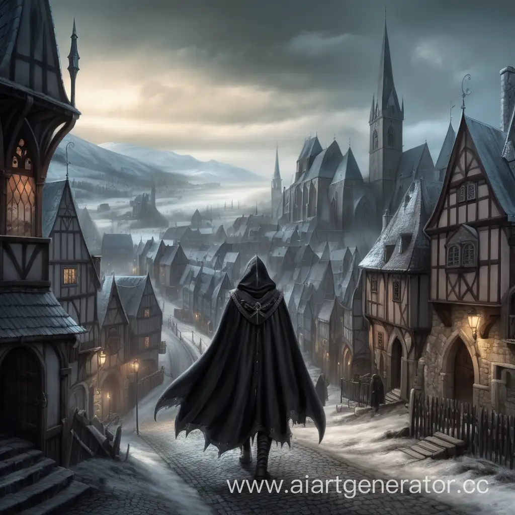 landscape, dirty hood and cloak, fantasy, high fantasy, nordic, epic town gothic