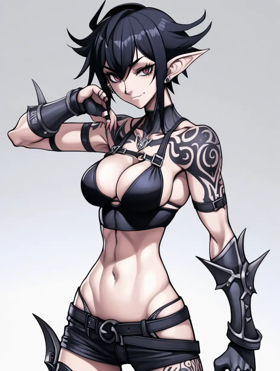 goth anime elf woman, tall, tight bra top, exposed muscular midriff, demon, mischievous expression, intimidating, tomboy, short hair, standing tall, full body, tattoos, dynamic pose, shadow aura, partially armored, shonen style