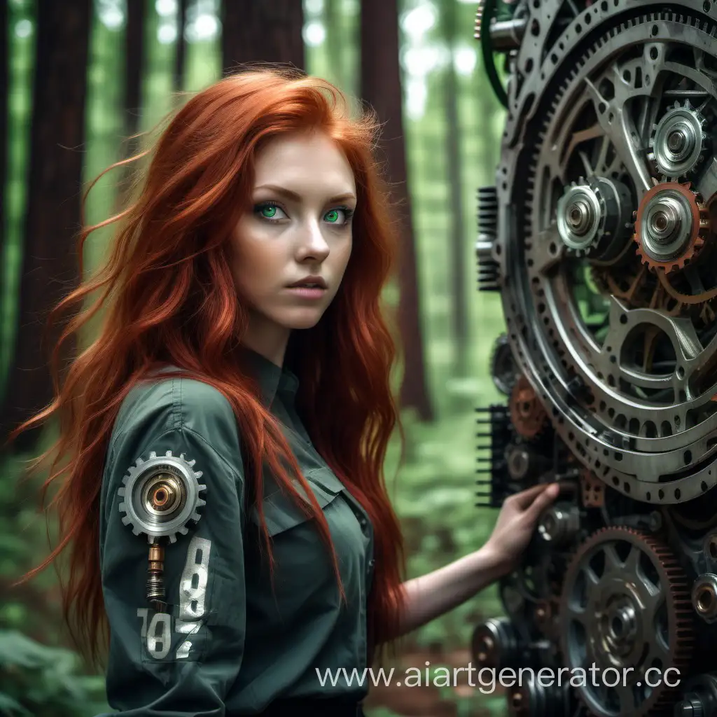 рыжая девушка,европейской внешности ,зелёные глаза, около огромных деревьев с элементами механики ,выжившая раса