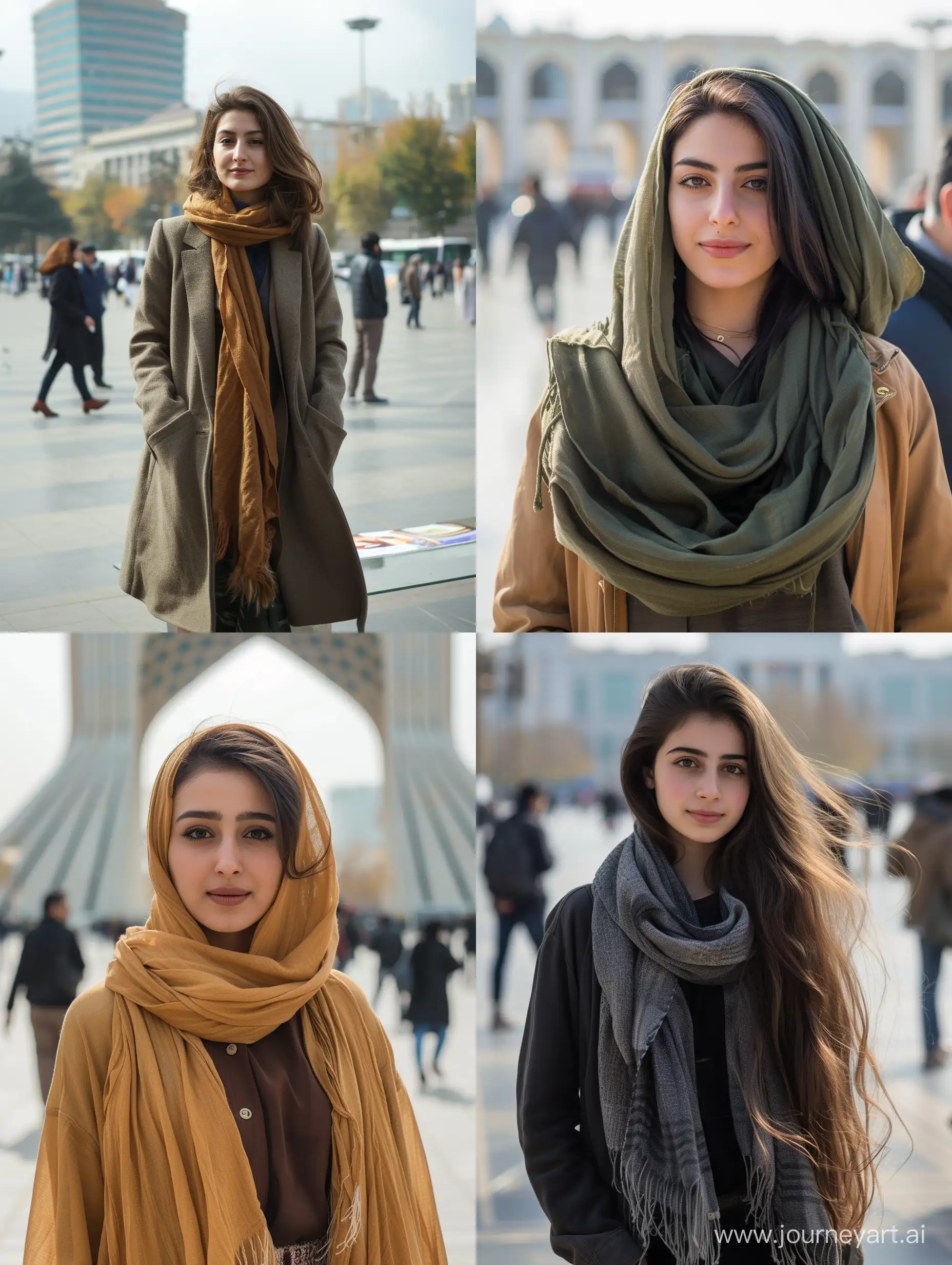 Full photo of attractive Iranian girl standing in Azadi square in Tehran