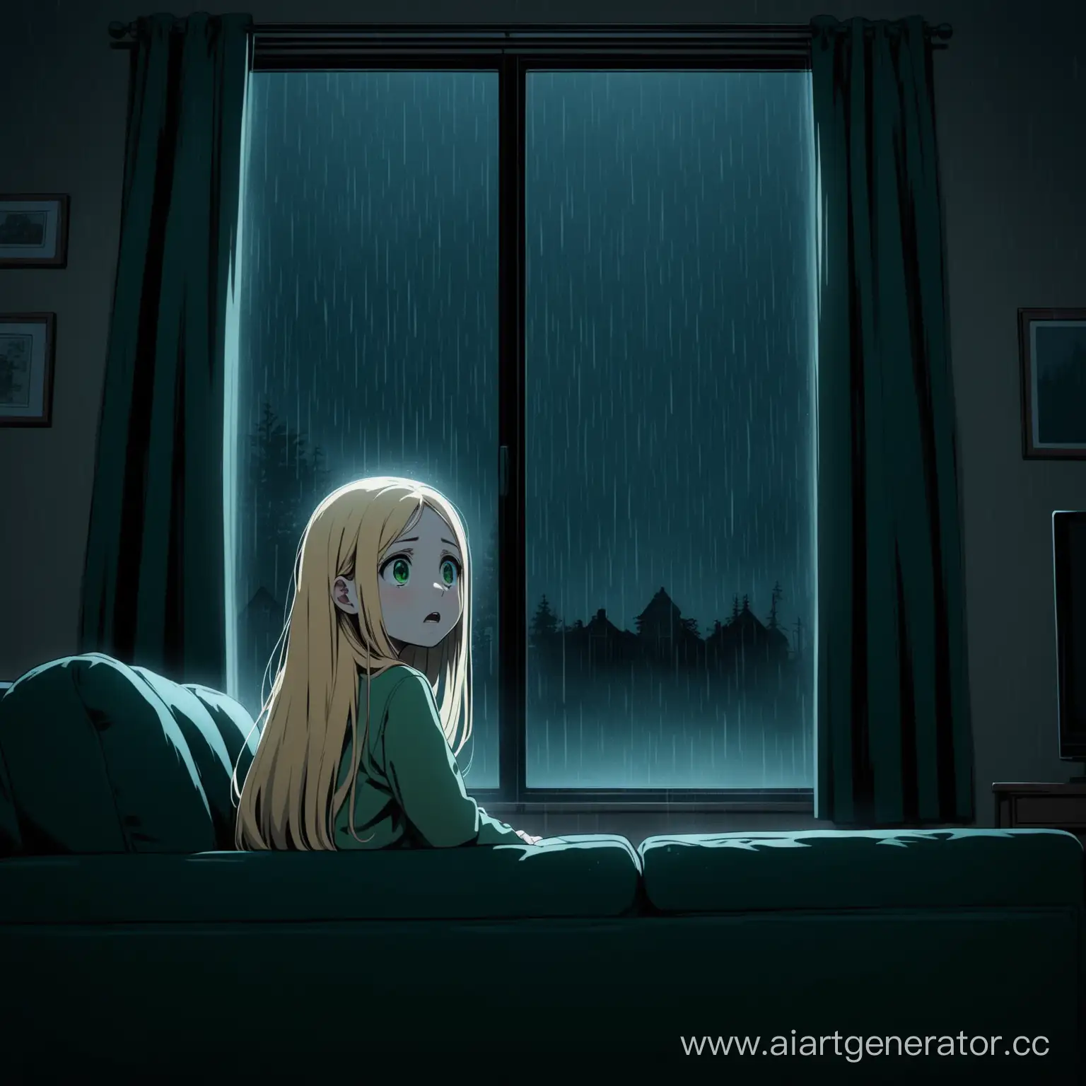 a short thin girl, blonde with long hair, green eyes, is sitting on the couch in front of a large TV and watching a horror movie, the room is dark, it's raining outside the window, the atmosphere is dark, the girl looks scared