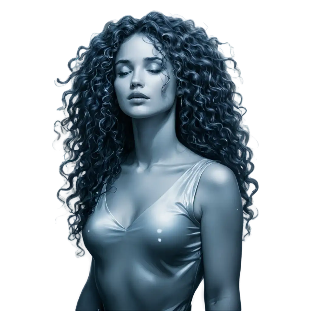 a drawing of a woman with curly hair, by Charlie Bowater, fantasy art, hair made of shimmering ghosts, solo portrait, shackled in the void, monochromatic airbrush painting, azure. detailed hair, dark intricate, a still of an ethereal