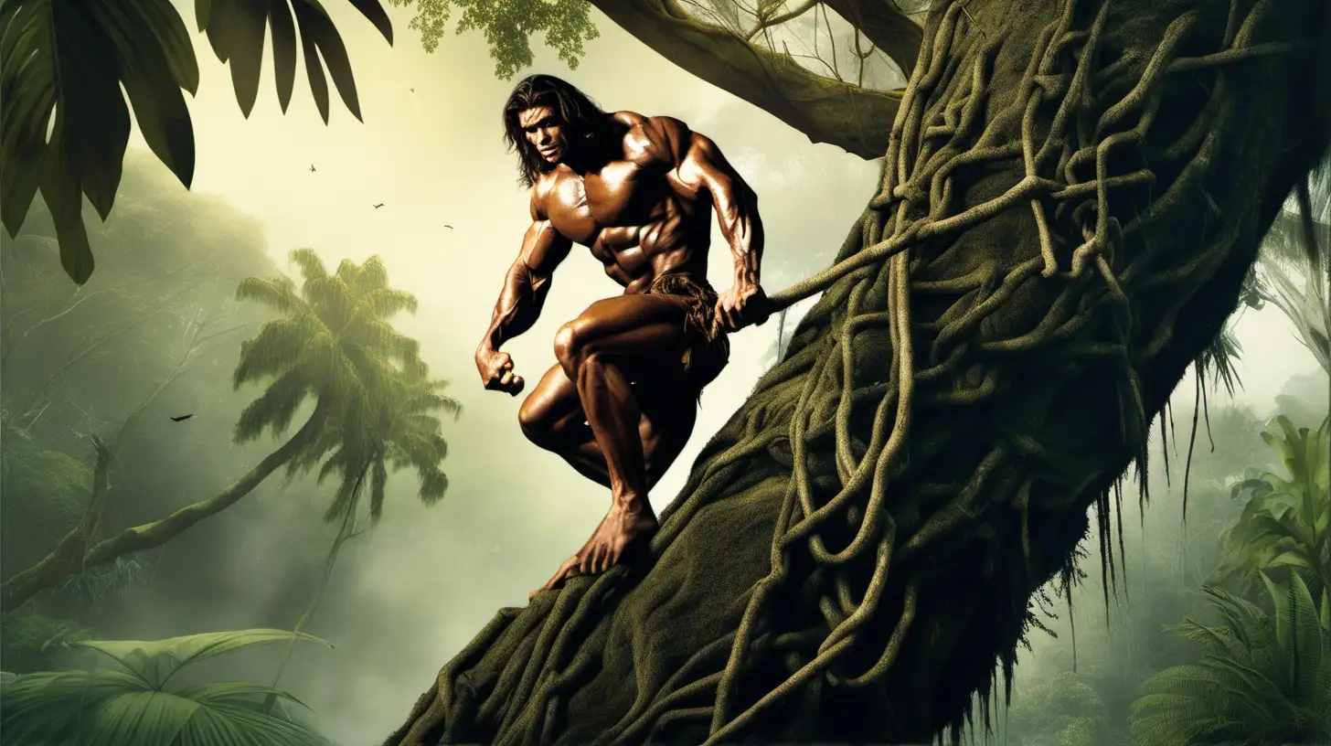 Jacked, ripped Tarzan climbing a large tree in the jungle.