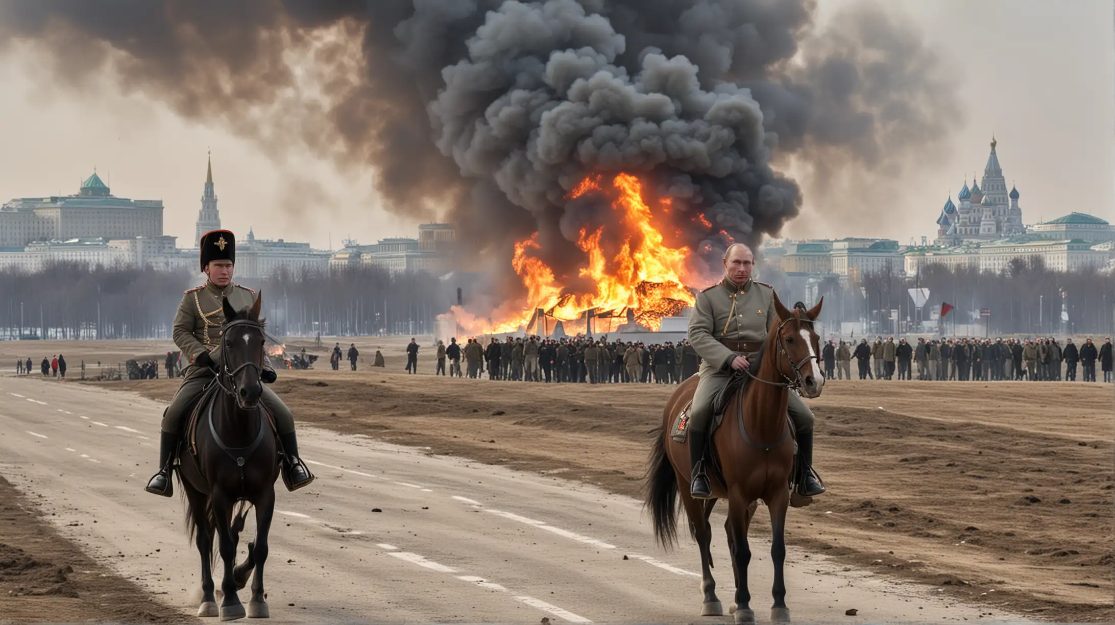 Vladimir Putin with napoleon's hat on a horse Retreating From Moscow with the Kremlin burning far in the background along the road are multiple injured soldiers 