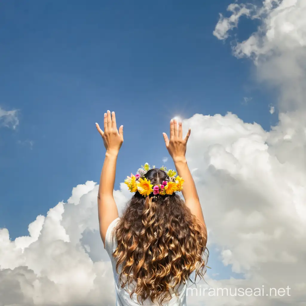 crown of flowers, curly long hair, reaching hands to the heavens