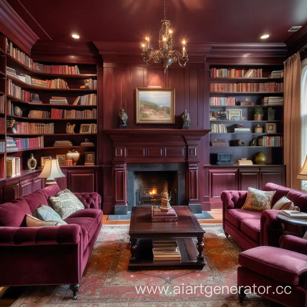 Elegant-Dark-Cherry-Living-Room-with-Fireplace-and-Bookshelves