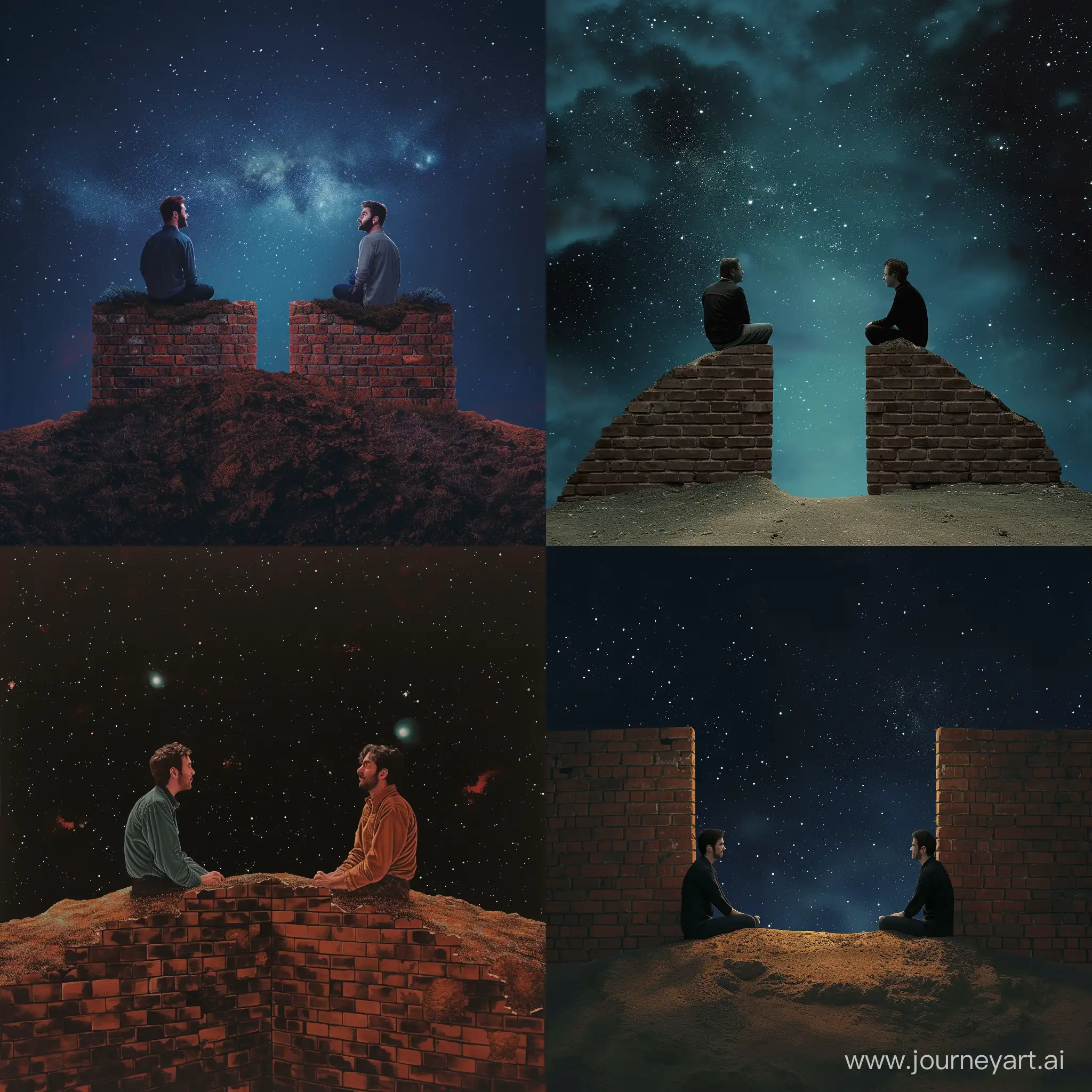 двое геев сидят на холме среди ночного неба, их разделяет кирпичная стена