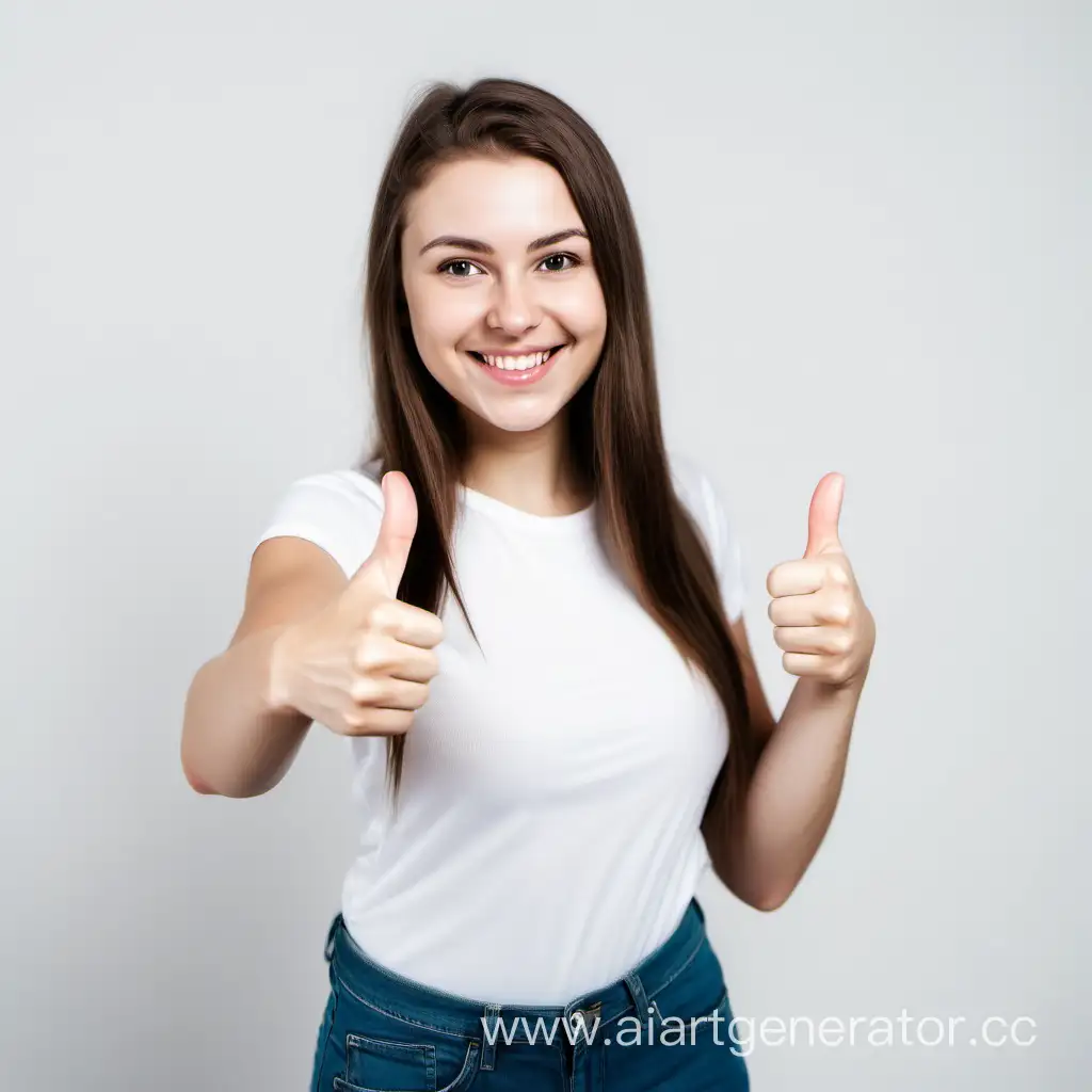 белая девушка 27 лет улыбается показывает большой палец вверх и фотографируется на белом фоне