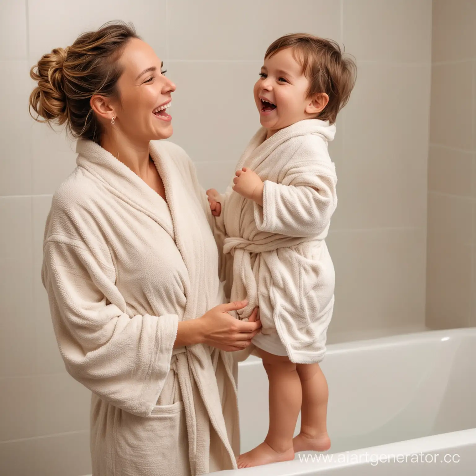 Молодая женщина в халате держит на руках радостного мальчика двух лет в халате в ванной