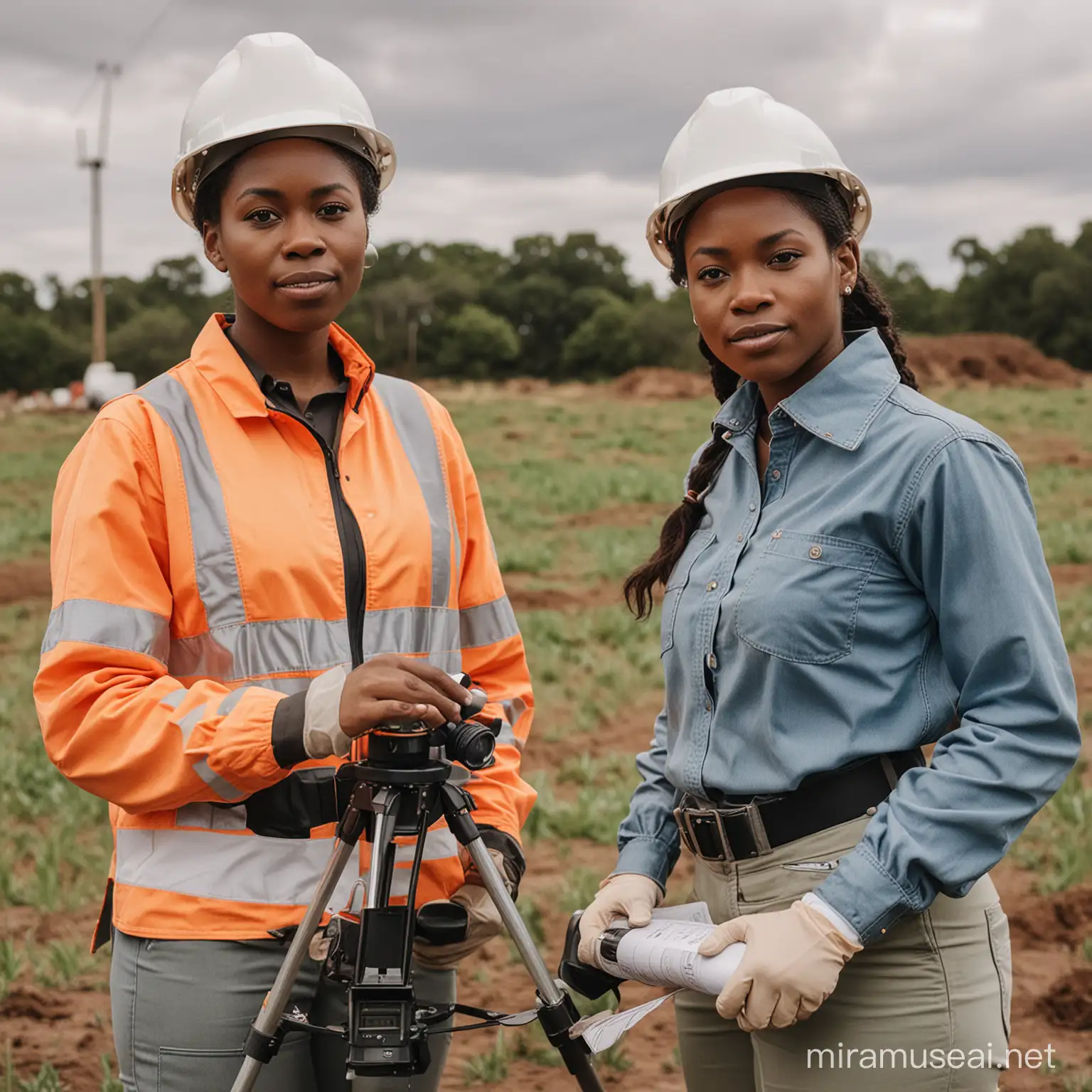 African American Female SurveyorGeometers Wearing PPE on Plot