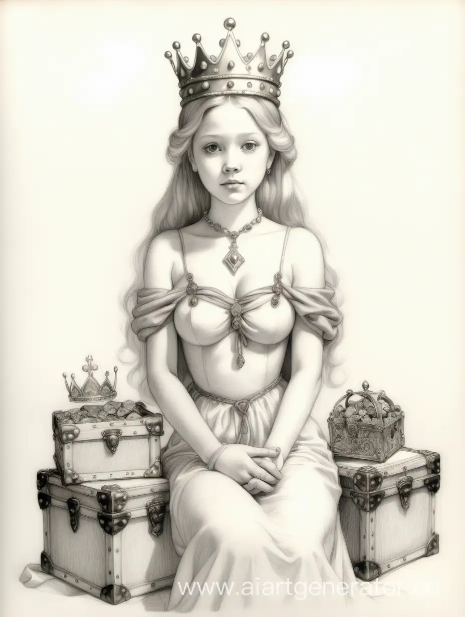 рисунок карандашный, принцесса в короне со связанными руками, рядом с ней сундуки с сокровищами