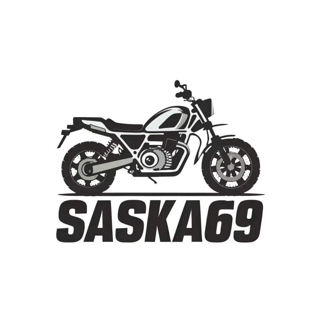 a logo design,with the text "SASKA69", main symbol:Adventure motorcycle,Minimalistic,clear background