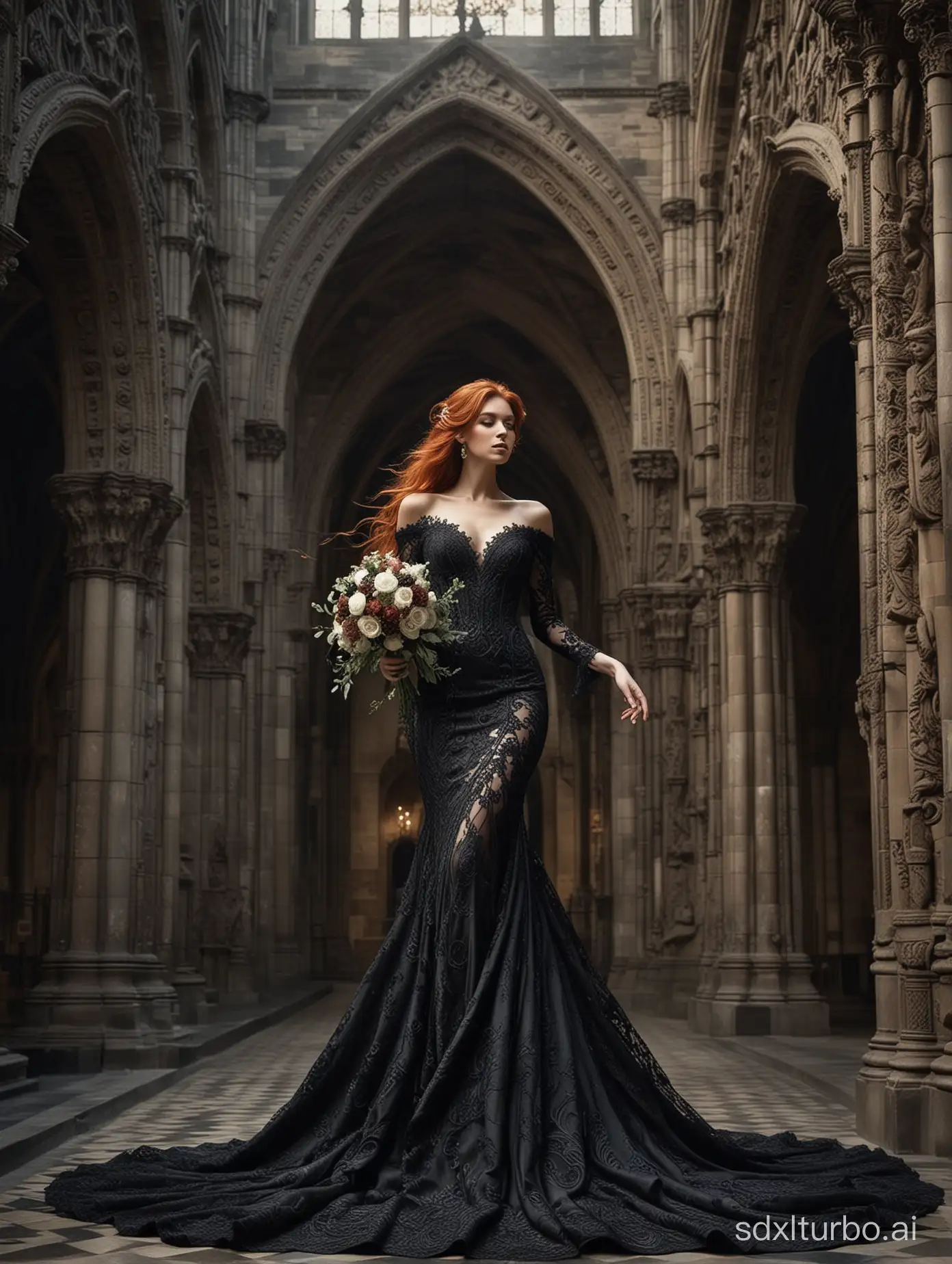 Create an image of a woman depicted in a highly stylized and fantastical manner. She's adorned in an elaborate, dark gown with intricate lace details, complemented by a luxurious, flowing train. Her hair is a vivid auburn, cascading in waves that suggest motion, enhancing the dynamic feel of the image. The setting appears to be a Gothic cathedral or a similarly architectured space, with detailed stonework and towering columns. She holds an ornate bouquet, which, like her dress, is monochromatic, creating a striking contrast with the warmth of her hair. The image exudes a sense of opulence and fantasy.