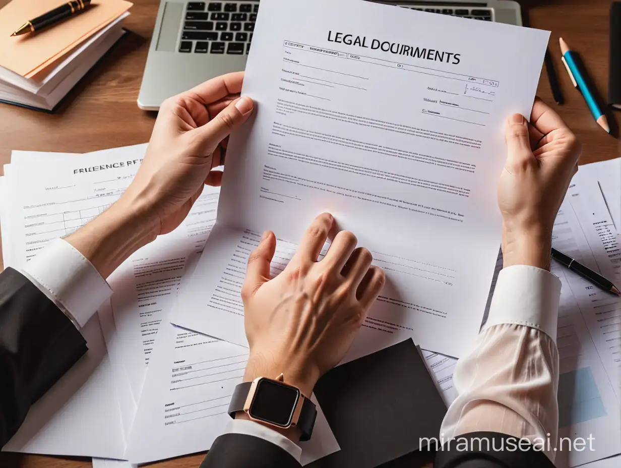 Legal documents with freelancer, don`t show the head, only hands and paper
