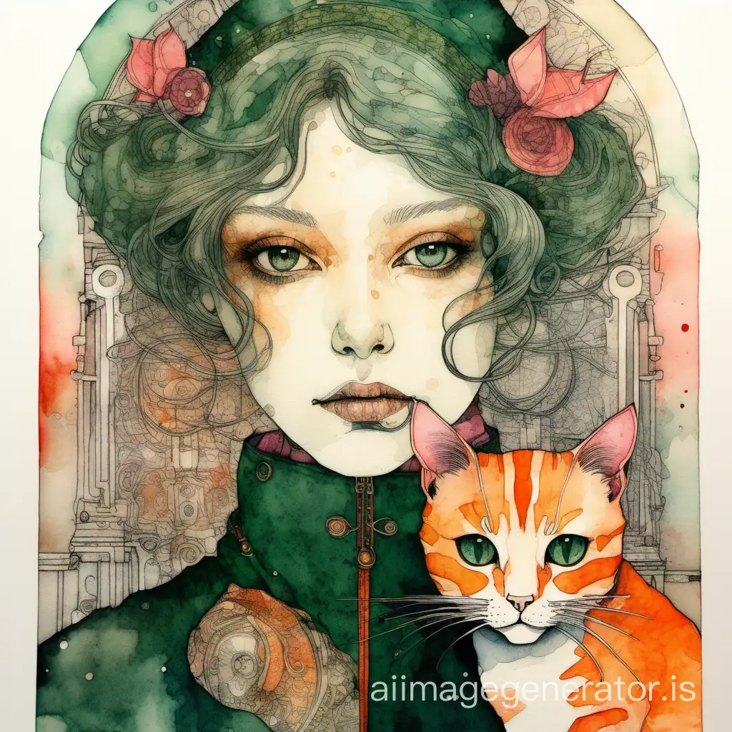 Portrait of a woman, dark green and pink colors, with orange cat, By Mattias Adolfsson and Paul Lovering, Klimt and Mucha, ink splash, intricate, hyperdetailed, beautiful, watercolor