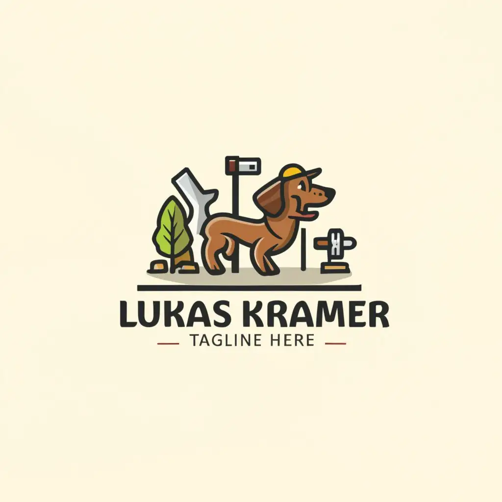 a logo design,with the text "Lukas Kramer", main symbol: Dachshund with hat,  carpenter, tree,Moderate,clear background
