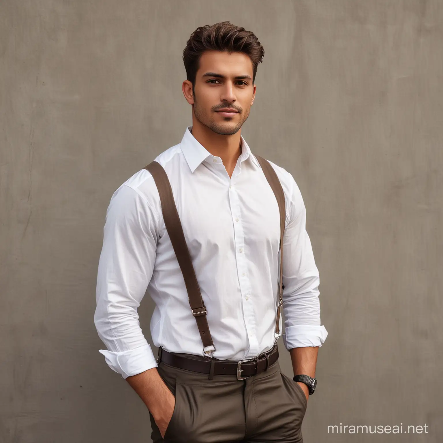 Create an image of a handsome, good-looking man who embodies both affluence and warmth. He stands over six feet tall, with fair to wheatish skin and deep brown eyes that convey trust and kindness. His body is muscular, well-toned, reflecting his health-conscious lifestyle. His hair is styled in trendy spikes, adding a youthful edge to his appearance.

He is dressed in smart-casual attire suitable for a construction business professional, perhaps a crisp, well-fitted shirt with rolled-up sleeves and tailored trousers, conveying his role as a successful entrepreneur in the construction industry. His posture is confident yet approachable, and his expression is friendly and sincere, highlighting his loyal, respectful, and trustworthy nature.

This man is depicted in a scenario that shows his family-oriented and peaceful demeanor, perhaps in a serene setting where he is interacting gently with family or engaged in a community project, underscoring his kind and responsible character. Accessories like a watch or a planner might subtly indicate his organized, intelligent, and responsible traits. His surroundings should reflect a balance of elegance and simplicity, illustrating his fun-loving, romantic side, perhaps with elements that suggest outdoor activities or romantic settings, alluding to his adventurous and loving personality.
