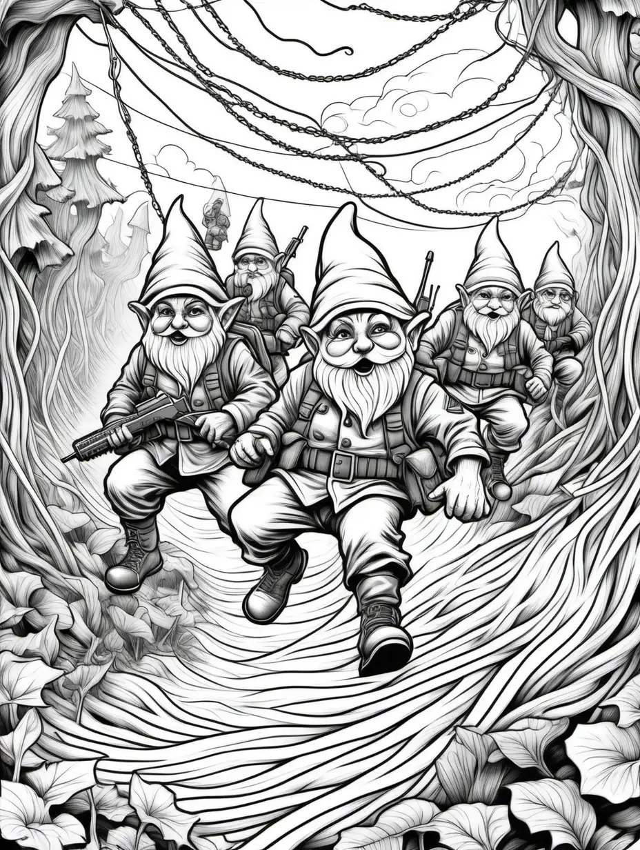 adult coloring book, army gnomes breaching wire in battlefield, dark thick lines, black and white,
