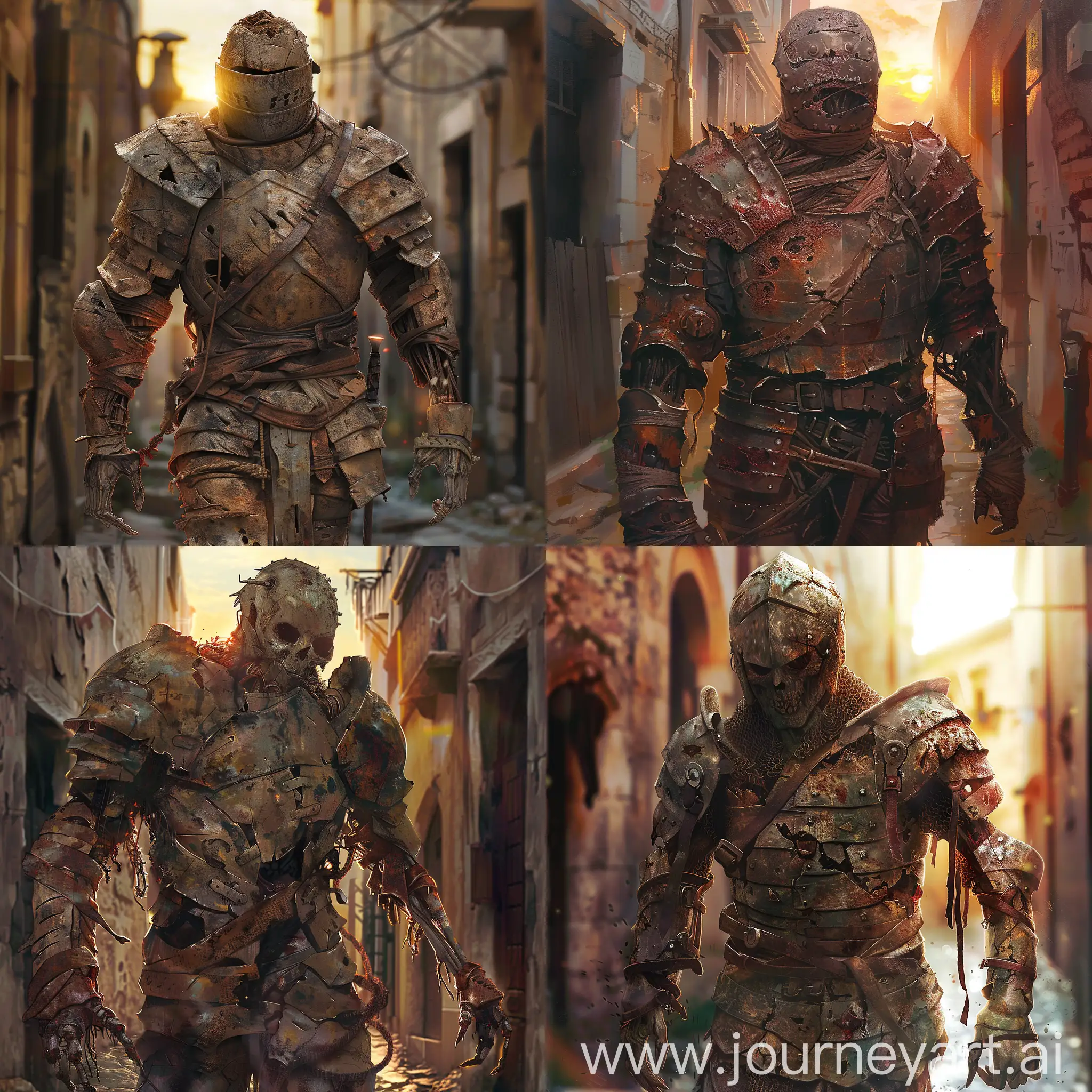 Undead-Knight-in-Rusted-Plate-Armor-Walking-through-Sunset-Alley