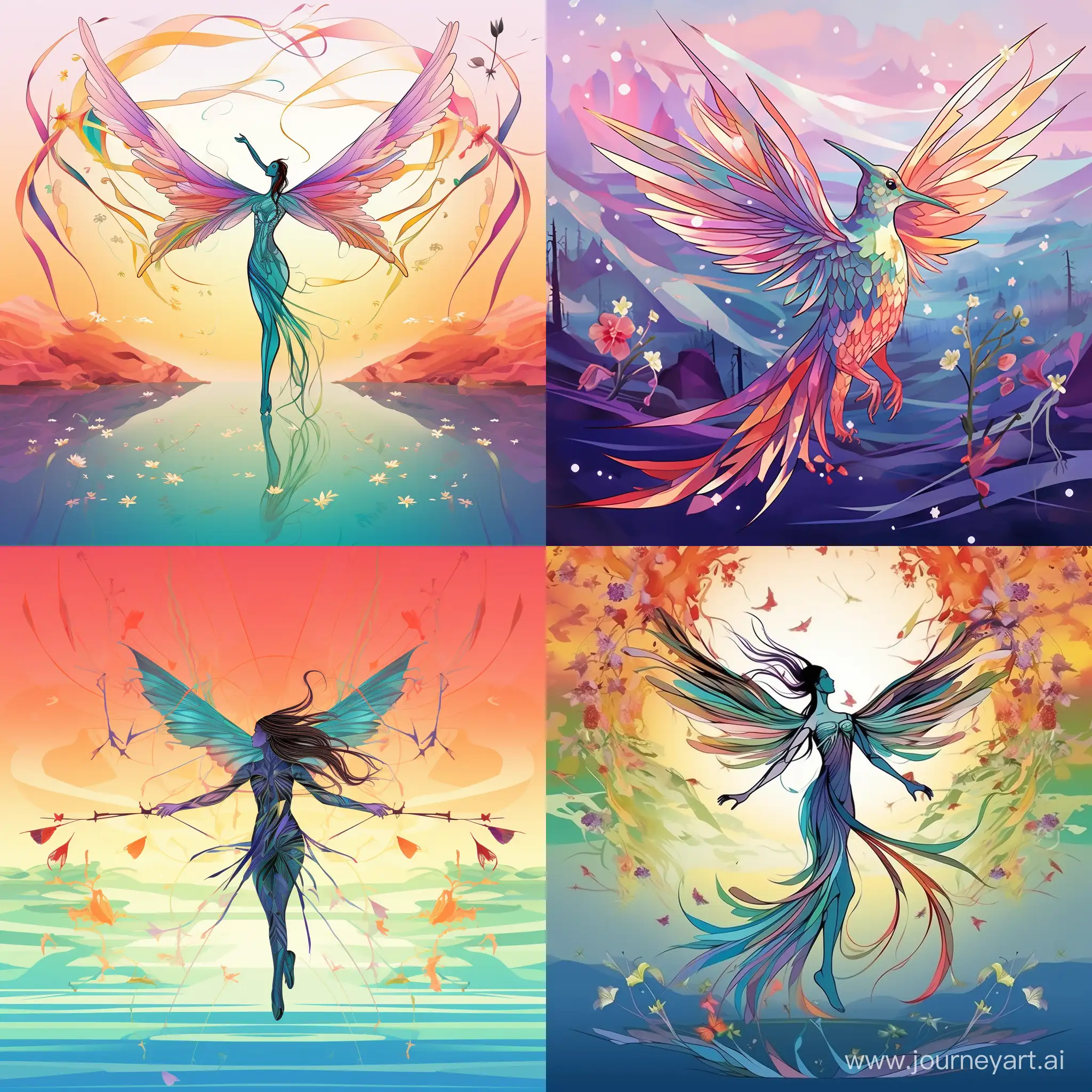 color, Simple image, simple line, with hummingbird, Full body, Full figure, flying pose, blades, kinetic waves that look like cuts, with power of wings as sharp as blades, wings of blades, cutting effect, small compared to the whole image , colorful, meadow background, fantasy character, fantasy style, 