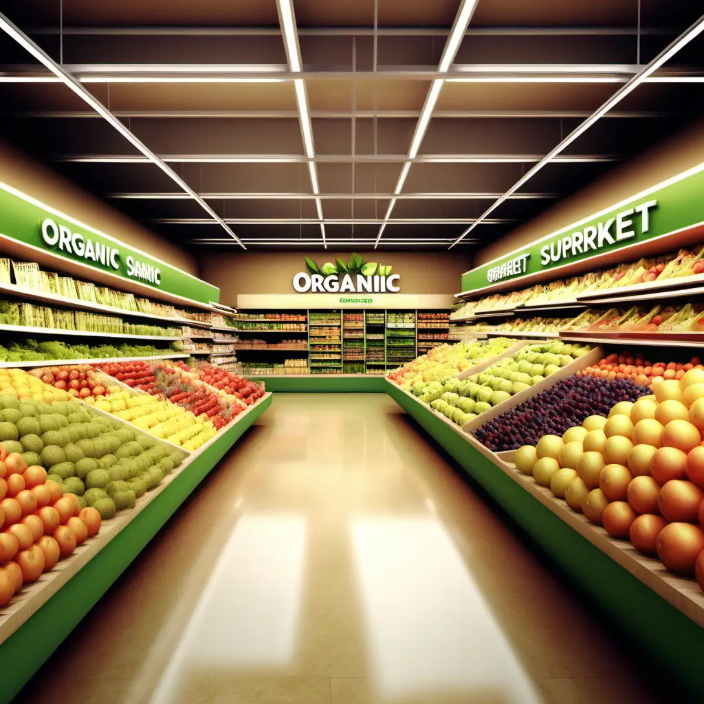 Erstelle mir ein Bild eines Bio Supermarktes, mit gigantischem Obst
