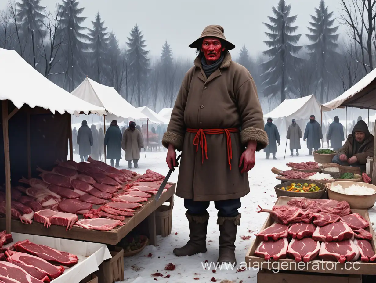 Людоед пришёл на рынок сельский купить мяса, снежная погода, вдали много ёлок, много торговцев .