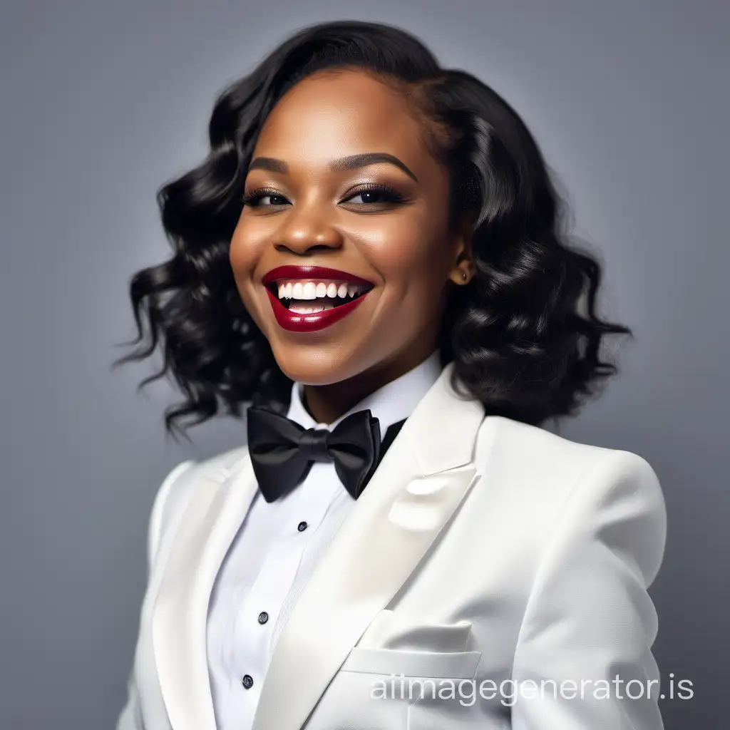smiling and laughing black woman with shoulder length hair wearing a white tuxedo, wearing a white shirt, wearing a bow tie, wearing lipstick