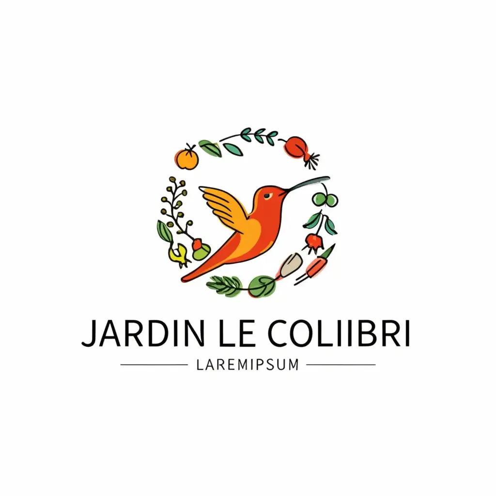a logo design,with the text "Jardin le Colibri", main symbol:a hummingbird with a flower and things symbolizing a garden like tomatoes or carrots,Moderate,be used in Nonprofit industry,clear background