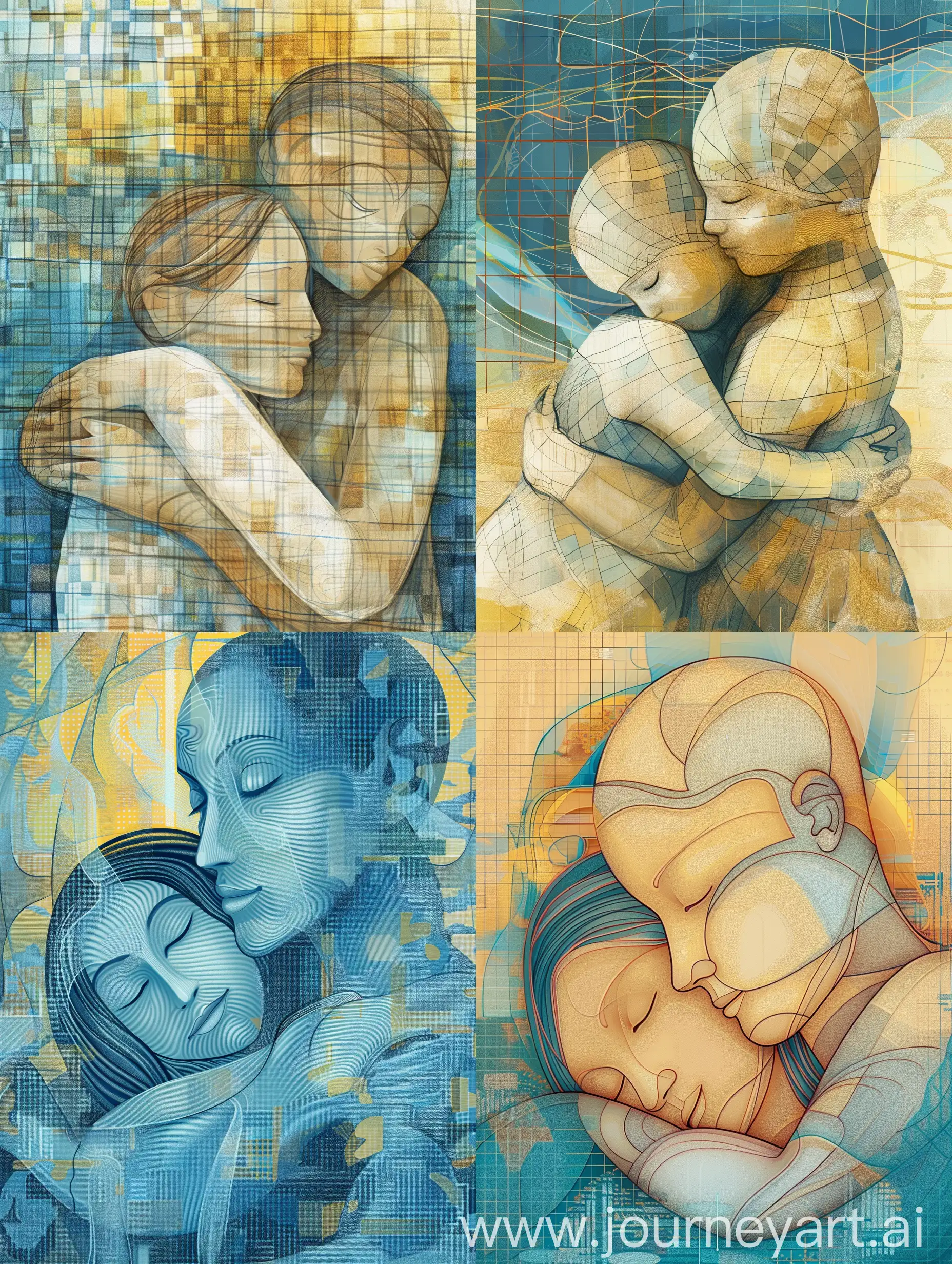 abstract art a stylized representation of two figures in a close embrace. The figures are depicted with simplified, smooth lines and appear to be sleeping or in a peaceful state. The background consists of a patterned design with blue and yellow tones, featuring a digital or pixelated motif that complements the tranquil and intimate moment captured between the two characters. The use of color and pattern in the background contrasts with the soft, organic forms of the figures, creating a visually striking composition.