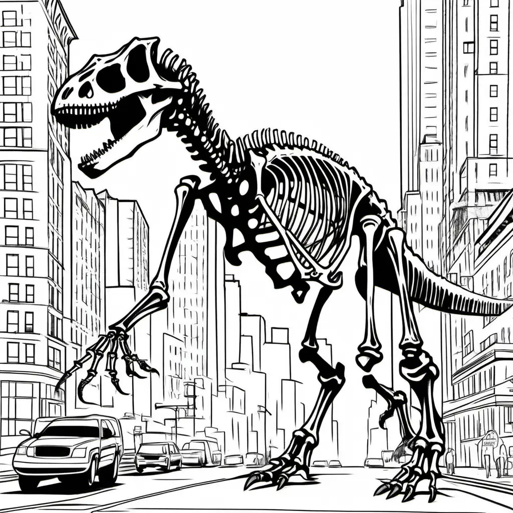 Roaming Dinosaur Skeleton in Vibrant New York City Childrens Coloring Page