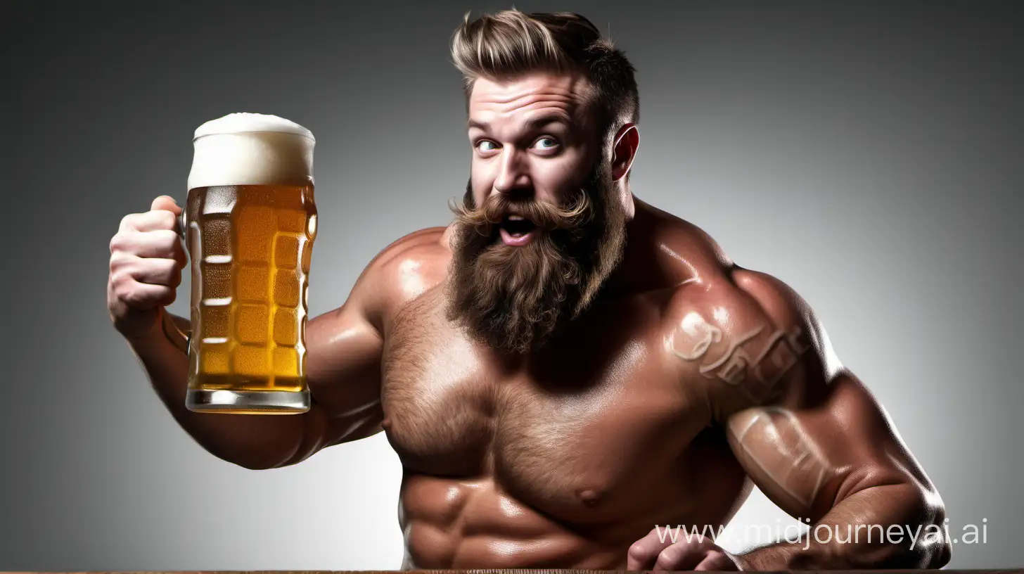 realistic strong man with beard diving into a pint of beer