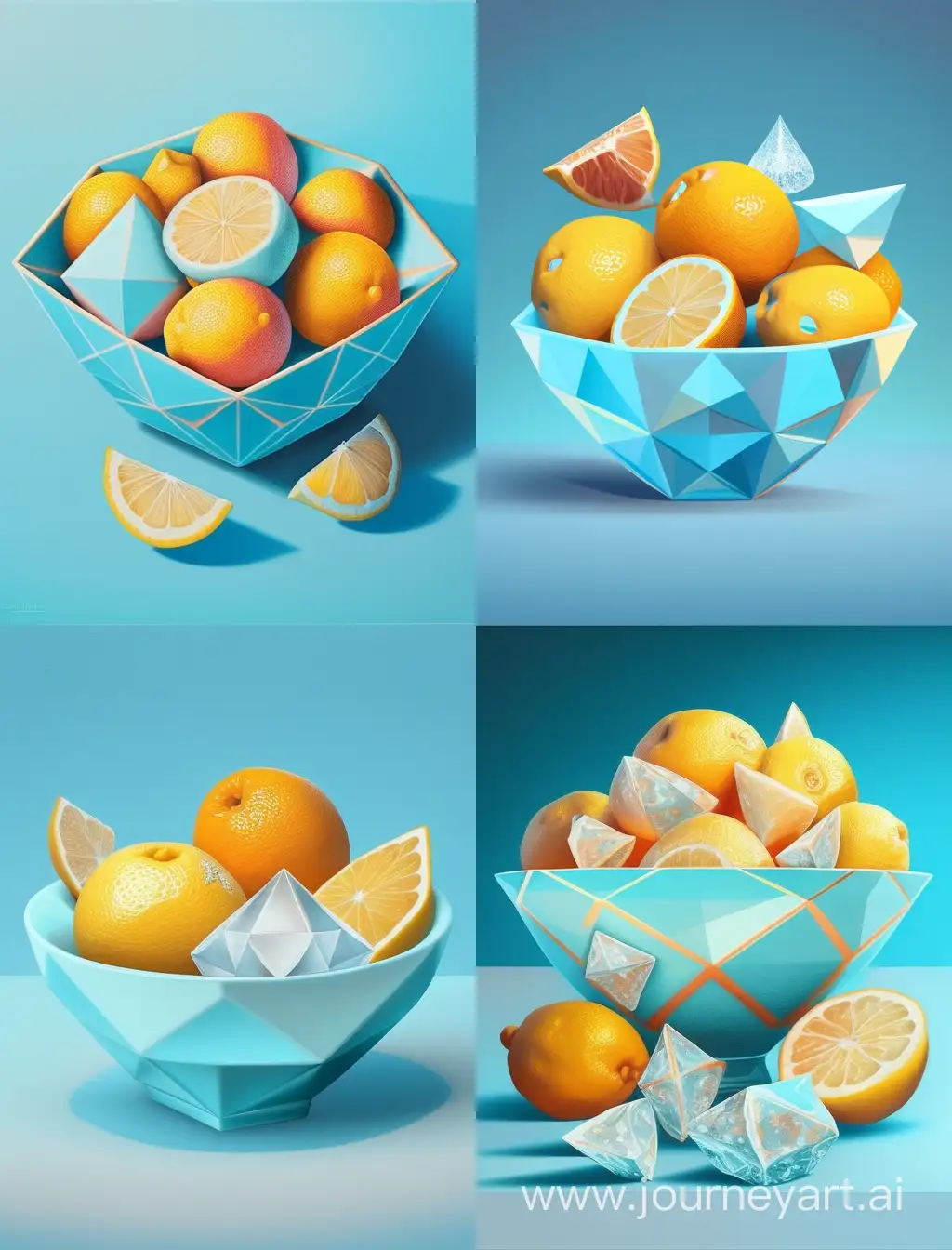 A bowl with lemmons and oranges on a 2d light blue background with diamond shapes