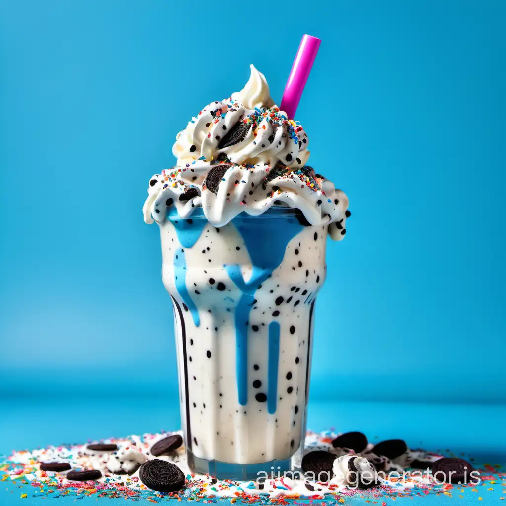 Cookies and cream milkshake , bright colors , delicious, milk splash background , sprinkles on whip cream