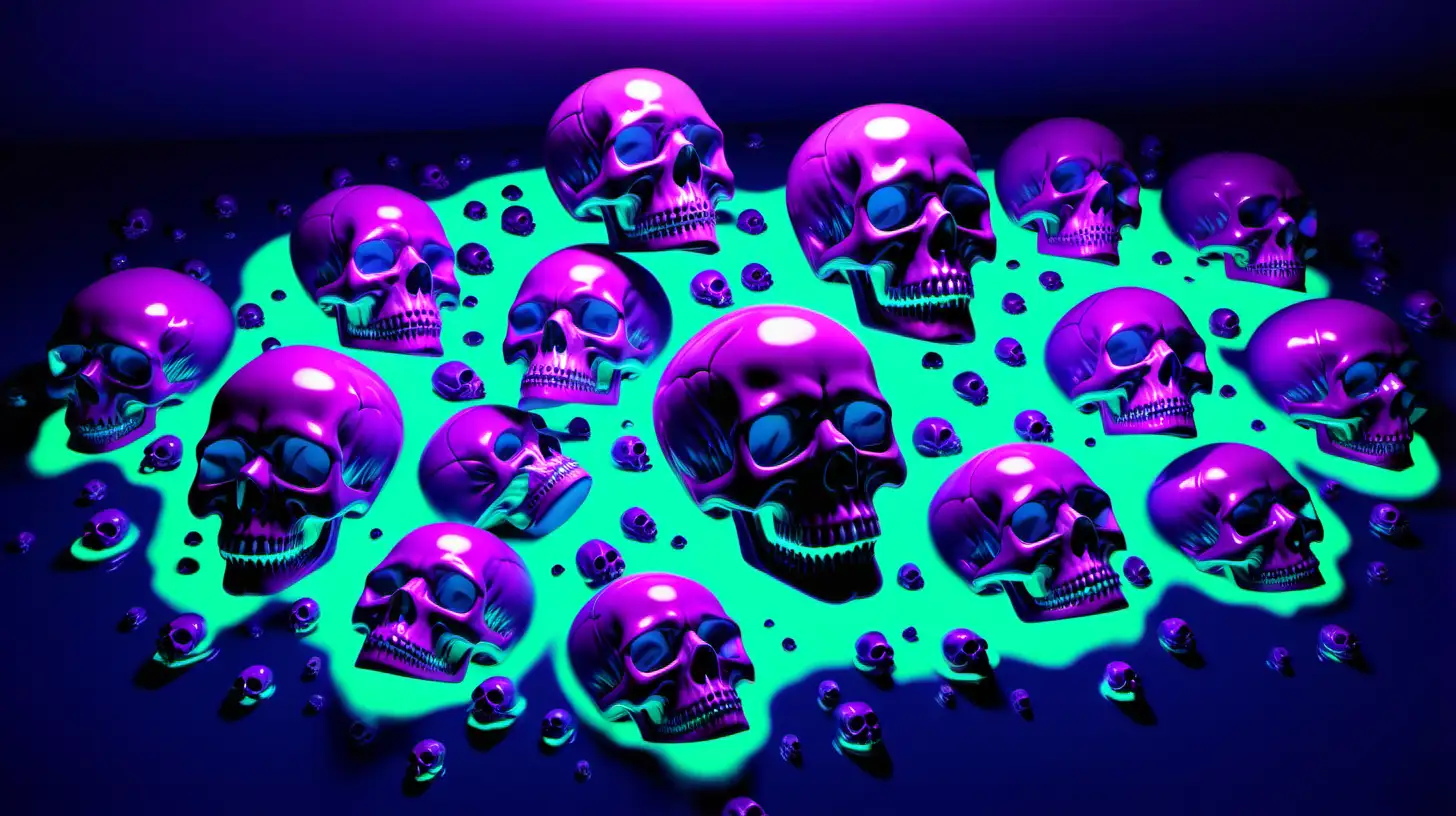 Vibrant Neon Skulls Floating in Luminous BlueGreen Liquid Wallpaper