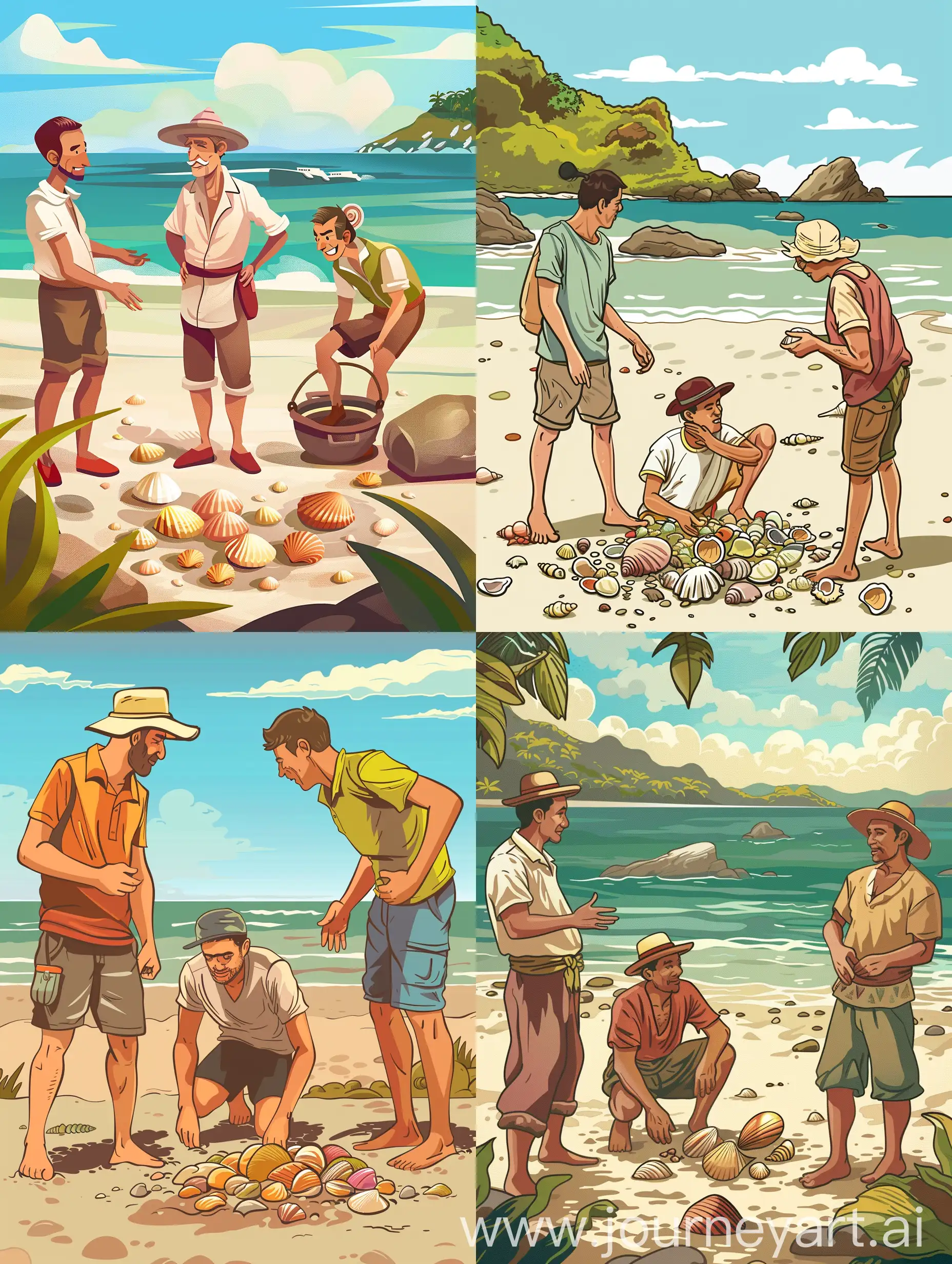 Spaniards talking to locals who are digging for shells on the beach philippines cartoon vector