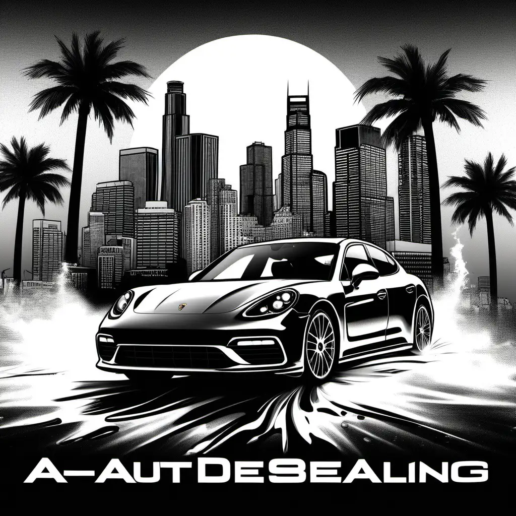 A black and white logo for my auto detailing business featuring the Los Angeles skyline as the backdrop, with palm trees swaying in the breeze, and a 2023 Porsche Panamera GTS being car washed. The background is black.