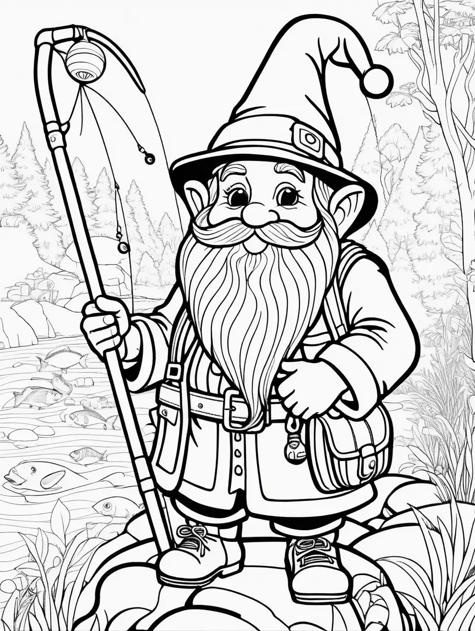 an adult coloring book of gnome with a fishing pole


