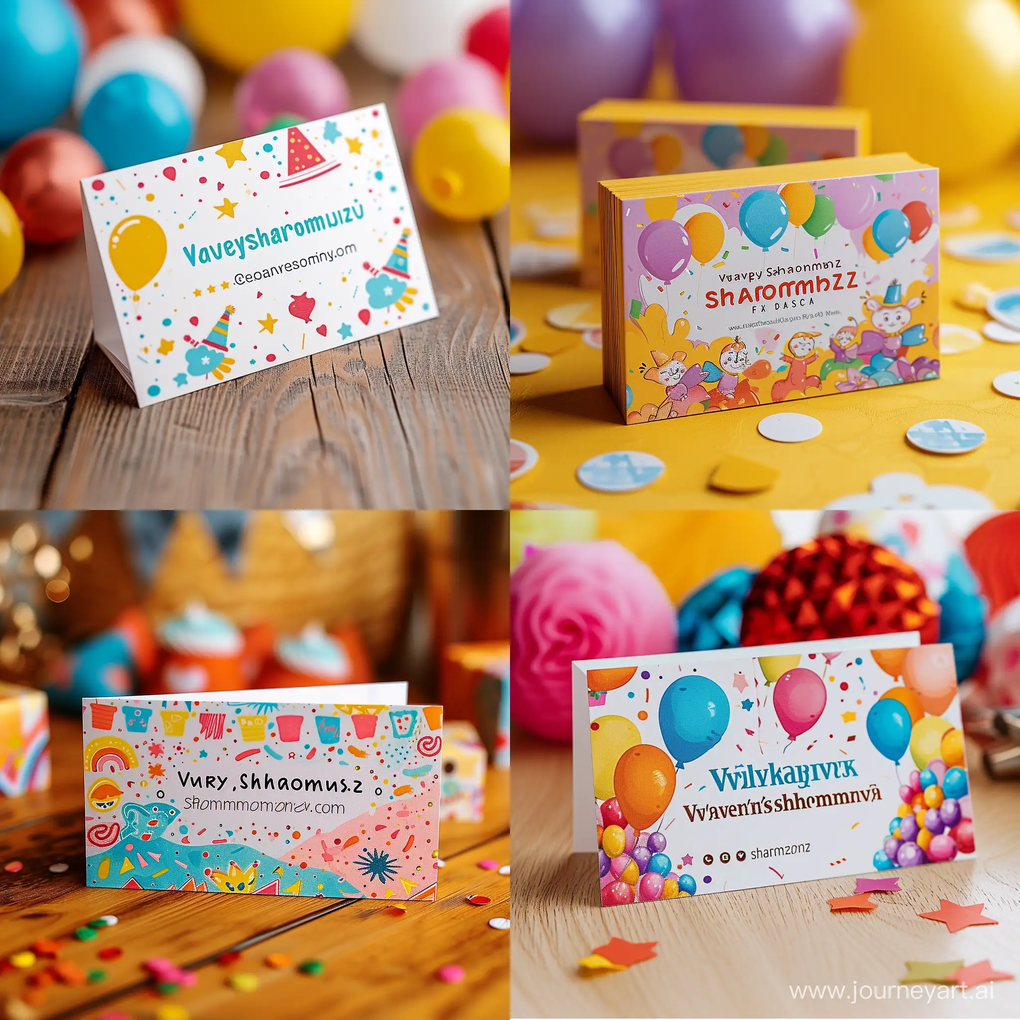 photographer business card design for children's parties. photographer's name is valery sharomova. business card in a bright, beautiful and pleasant design with festive fonts and images