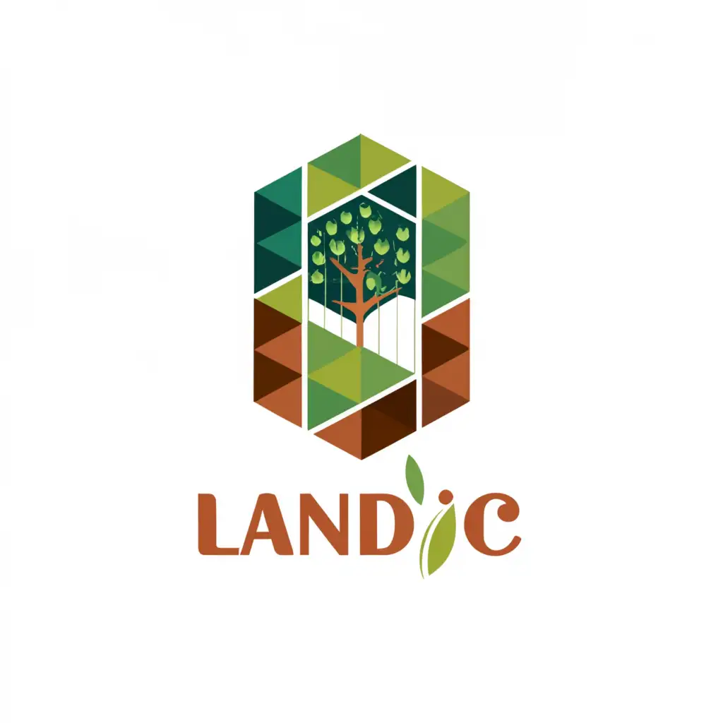 a logo design, with the text 'Landic', main symbol:•	Iconography: A stylized representation of land or earth to symbolize real-world assets, intertwined with a digital or abstract element that represents blockchain technology.	•	Color Palette: Earthy tones like greens and browns to represent the land, complemented by blues or metallic hues to signify technology and trust.	•	Typography: Modern and clean font that conveys stability and professionalism. The typeface should be easy to read yet distinctive enough to create a strong brand recall.	•	Versatility: The logo should be scalable, working well in various sizes and across different mediums, from digital platforms to physical marketing materials.

Imagery:

The primary imagery could be a combination of a leaf or a tree, which are universal symbols of growth and sustainability, merged with a subtle grid pattern or circuit lines that suggest technology.
Alternatively, a globe or an abstract land shape with a digital pulse or data points flowing through it could represent the global reach and technological backbone of LANDIC.
Symbolism:

The intertwining of natural and digital elements should not only represent the merging of these two worlds but also suggest harmony and a forward-thinking approach.
The logo should evoke a sense of trust and longevity, reassuring investors of the stability and future-proof nature of their investment.

