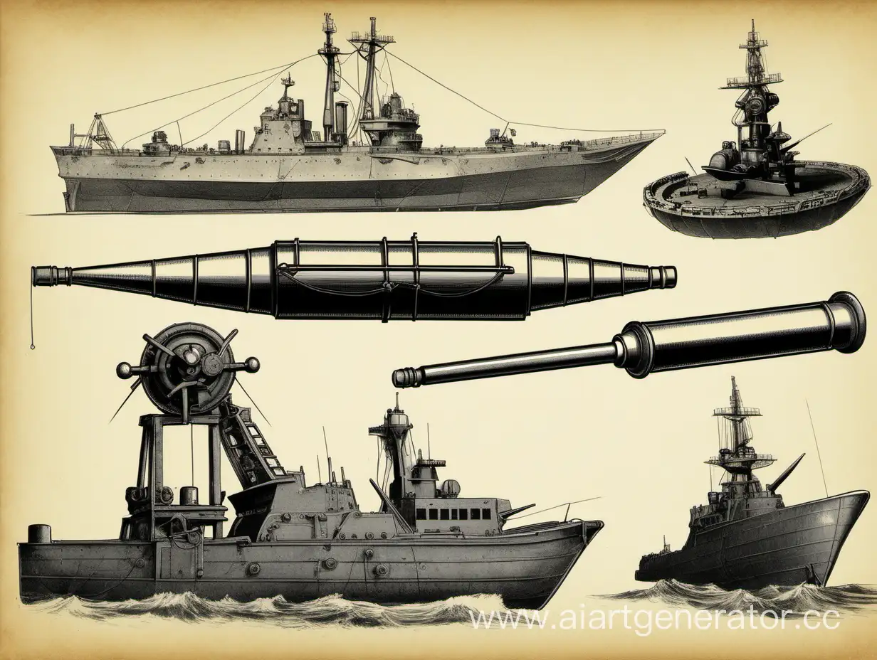 Naval-Warfare-Illustration-Featuring-Warship-Catapult-Sea-Mines-and-Torpedoes