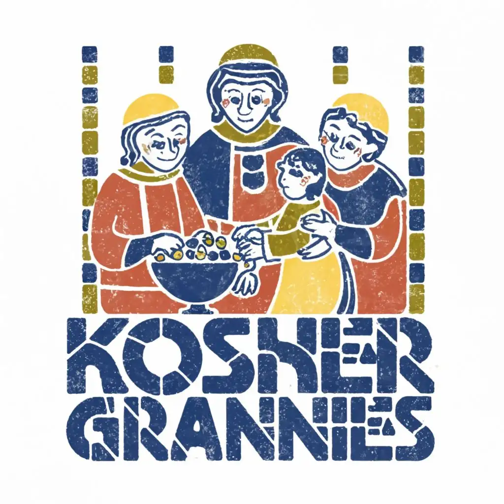 logo, Israel, yellow, blue, white, Jewish food and granny feeding family, Paul Klee, with the text "Kosher Grannies", in Portuguese tiles, typography, be used in Automotive industry