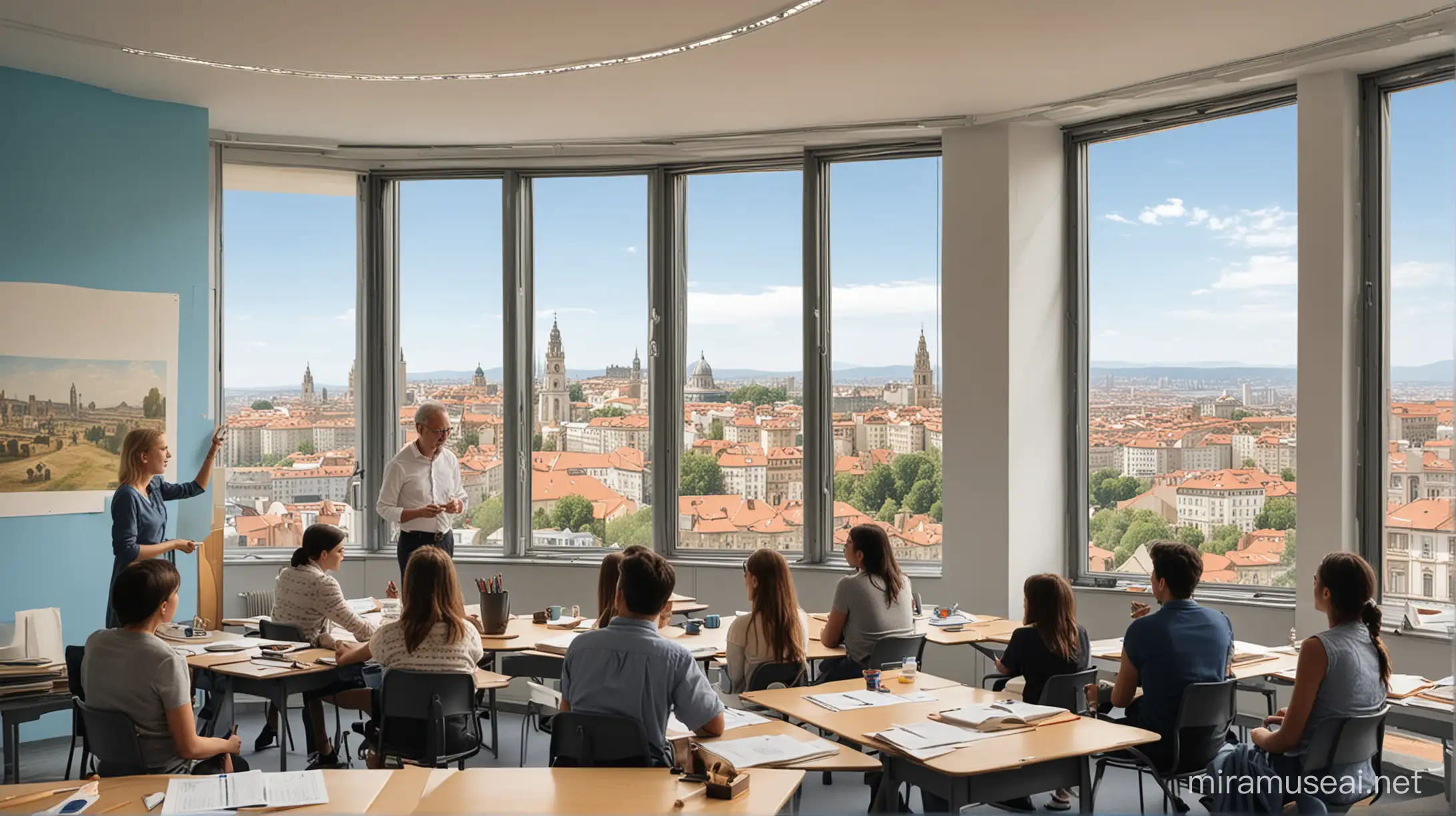 group of people with different ages and gender, in a class room with a window with view on a city, the weather is 20 degrees summer and blue sky, the teacher show a presentation with art architecture and history