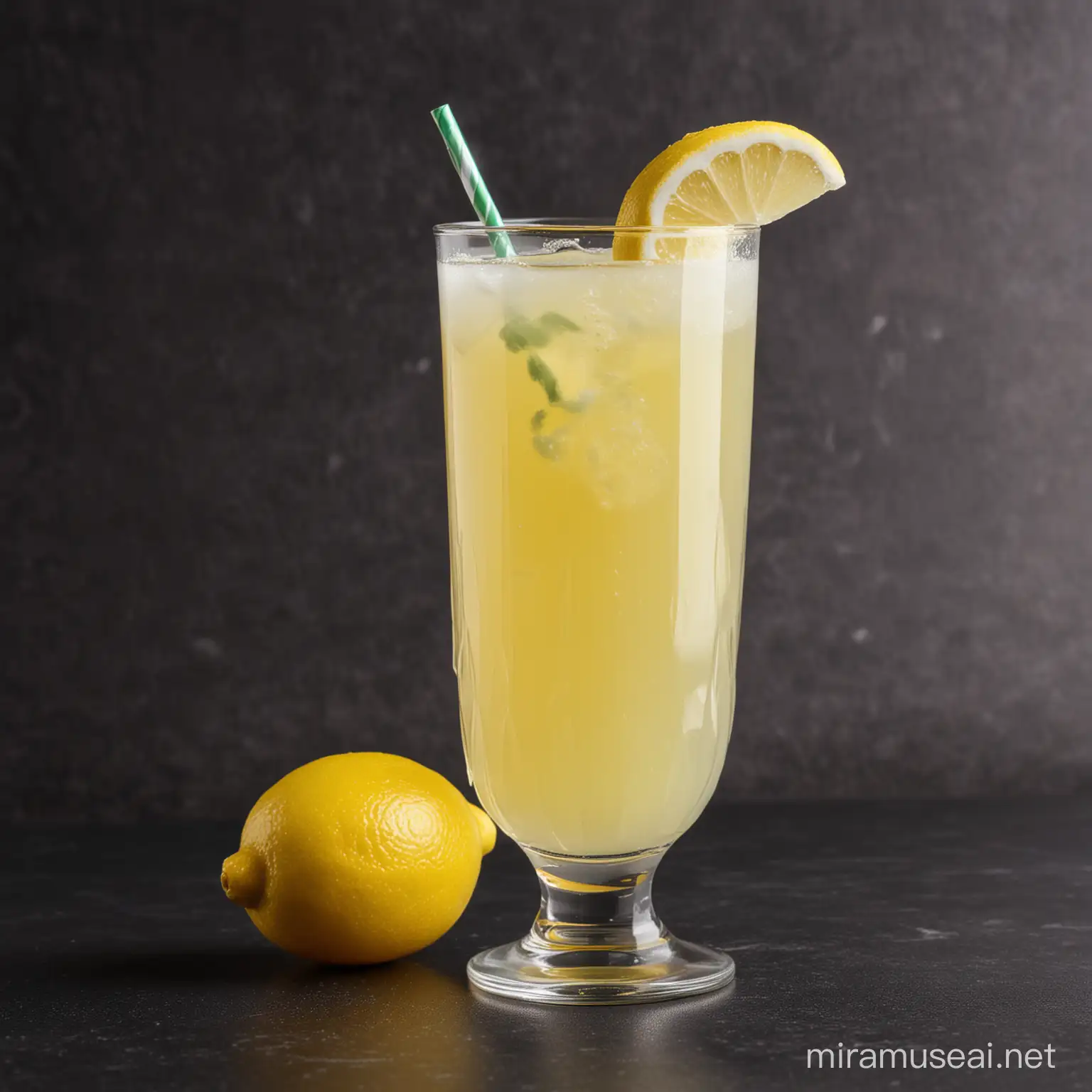 "Generate a description for an image containing a glass of freshly squeezed lemonade juice, a tube in the glass, lemons next to the glass, background on a dark background,