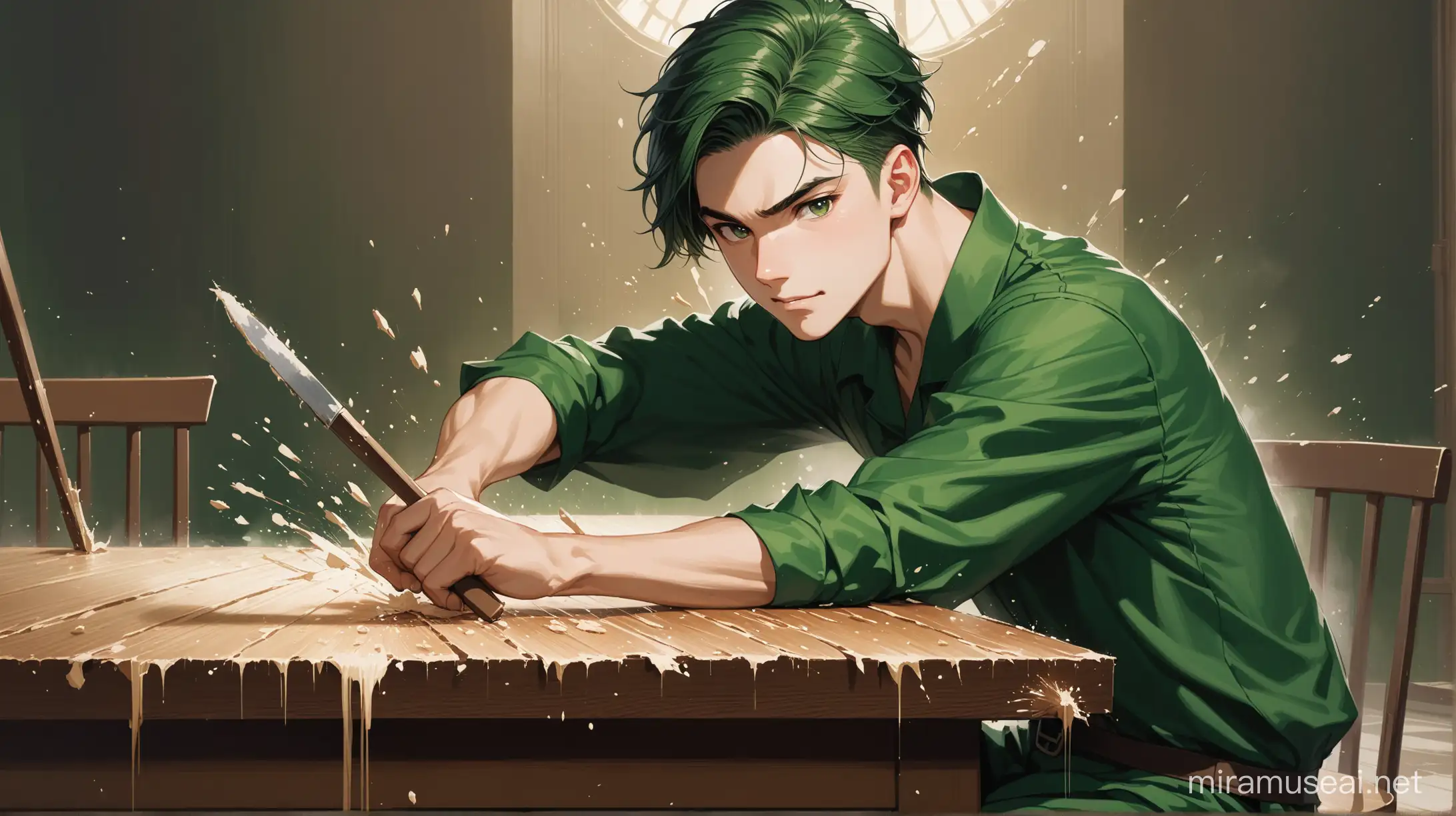 a painting of a young man with a sweet face in dark green clothes sitting while smashing a table