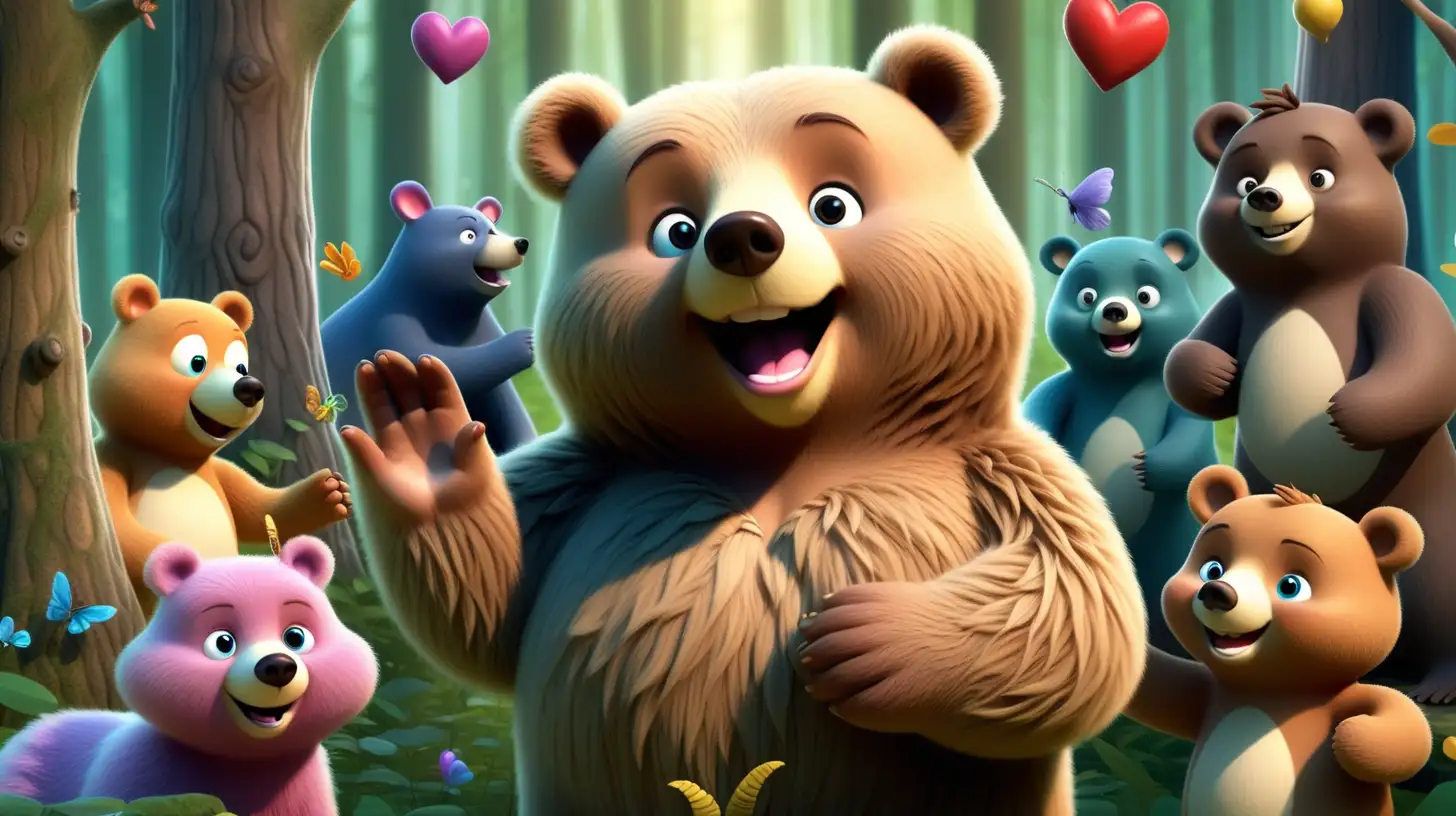 Describe the enchanting scene of Fluffy the bear in the heart of the magical forest, surrounded by diverse and smiling animals.