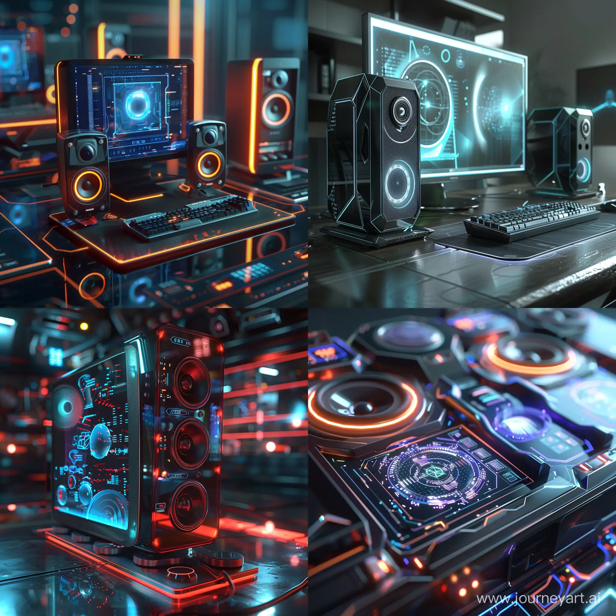 Futuristic PC speakers, world of high tech, world of 3D holograms, octane render