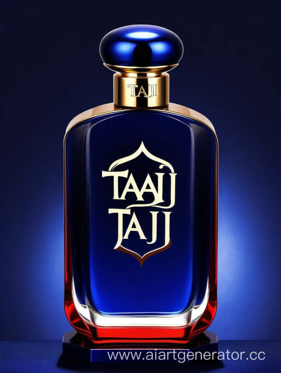 A luxurious Dark Blue Red and white double layers perfume with an elegant zamac cop ((taj text logo))